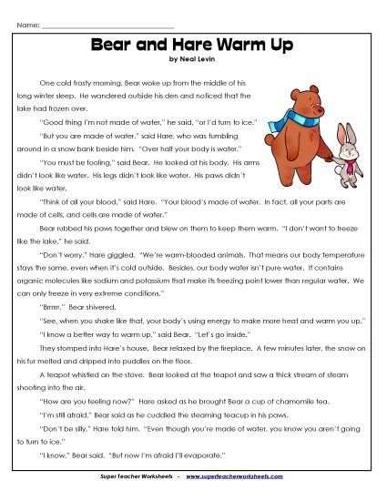 Fiction Stories - Bear and Hare Warm Up (Fiction)  (Printable PDF Worksheet)
