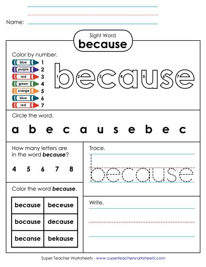 Individual Sight Words - Because (Sight Word) (Printable PDF Worksheet)