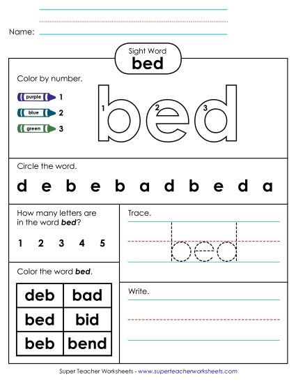 Individual Sight Words - Bed (Sight Word) (Printable PDF Worksheet)