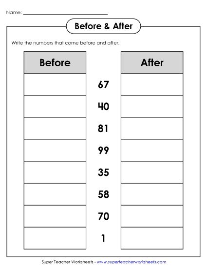 Counting: 2-Digit Numbers - Before & After (2-Digit) (Printable PDF Worksheet)