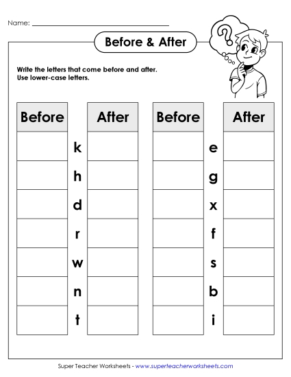 Alphabet Patterns - Before and After (Lower-Case) (Printable PDF Worksheet)