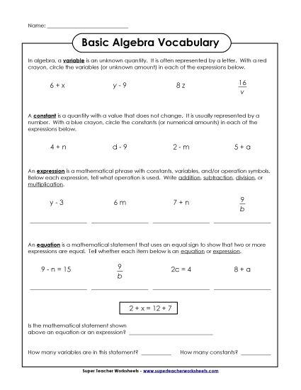 Expressions & Equations Mixed - Beginner Algebra Terms (Printable PDF Worksheet)