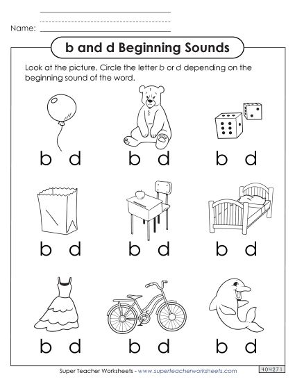 Letters b and d - Beginning Sounds: b and d (Printable PDF Worksheet)