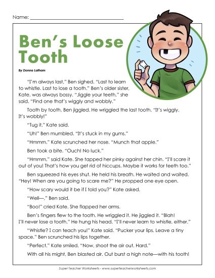 Fiction Stories - Ben's Loose Tooth (Fiction) (Printable PDF Worksheet)