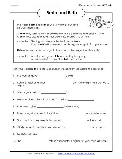 Berth and Birth  (Printable PDF Worksheet)