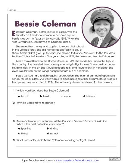 Reading Comprehension - Bessie Coleman (Short Reading Passage) (Printable PDF Worksheet)