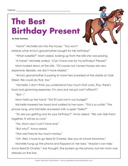 Fiction Stories - Best Birthday Present Ever (Printable PDF Worksheet)