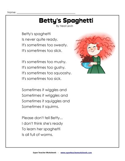 3rd Grade Poems - Betty's Spaghetti (Printable PDF Worksheet)