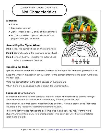 Cipher Wheels Vertebrate Characteristics - Bird Characteristics: Cipher Wheel Facts (Printable PDF Worksheet)