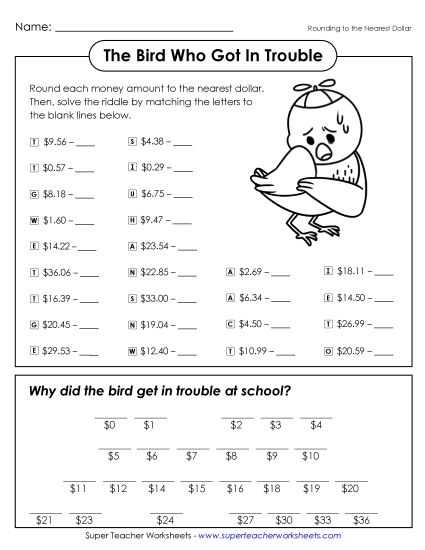 Rounding - Bird in Trouble (Rounding to the Nearest Dollar) (Printable PDF Worksheet)