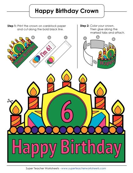 Birthday Crowns - Birthday Crown: Age 6 (Full Color) (Printable PDF Worksheet)