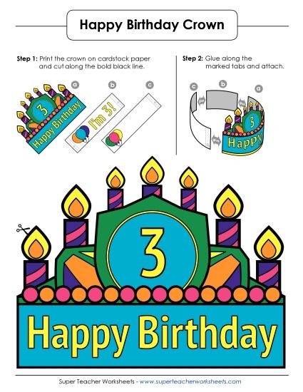 Birthday Crowns - Birthday Crown Craft: Age 3 (Full Color) (Printable PDF Worksheet)