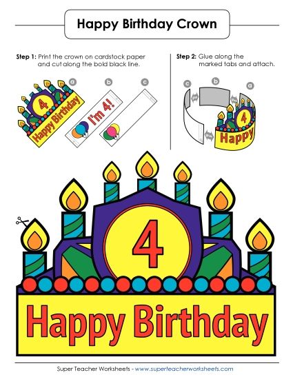 Birthday Crowns - Birthday Crown Craft: Age 4 (Full Color) (Printable PDF Worksheet)
