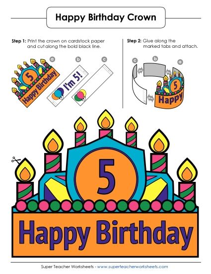 Birthday Crowns - Birthday Crown Craft: Age 5 (Full Color) (Printable PDF Worksheet)