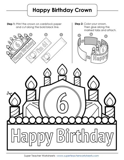 Birthday Crowns - Birthday Crown Craft: Age 6 (B&W) (Printable PDF Worksheet)