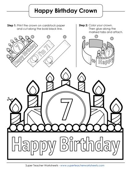 Birthday Crowns - Birthday Crown Craft: Age 7 (B&W) (Printable PDF Worksheet)