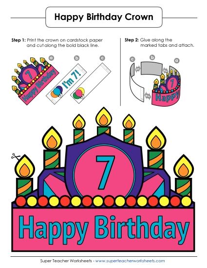 Birthday Crowns - Birthday Crown Craft: Age 7 (Full Color) (Printable PDF Worksheet)