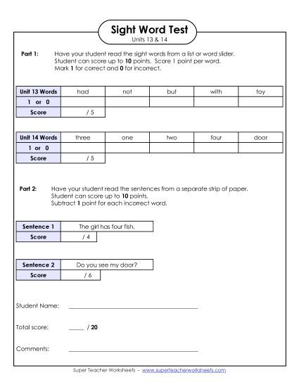 Sight Word Tests - Biweekly Reading Test (Units 13 & 14)  (Printable PDF Worksheet)