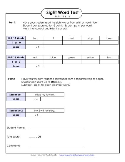 Sight Word Tests - Biweekly Reading Test (Units 15 & 16)  (Printable PDF Worksheet)