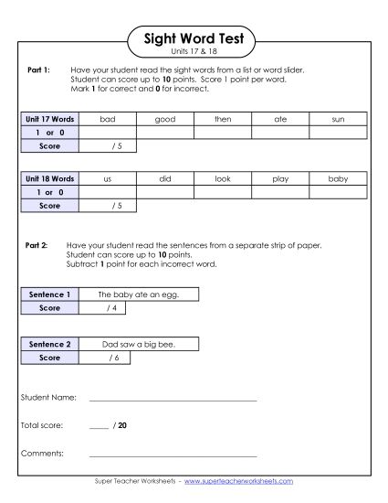 Sight Word Tests - Biweekly Reading Test (Units 17 & 18)  (Printable PDF Worksheet)