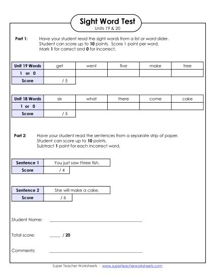 Sight Word Tests - Biweekly Reading Test (Units 19 & 20)  (Printable PDF Worksheet)