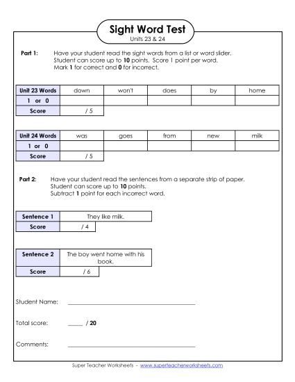 Sight Word Tests - Biweekly Reading Test (Units 23 & 24)  (Printable PDF Worksheet)