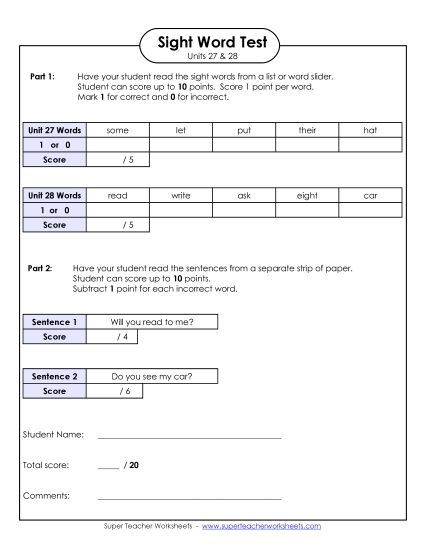 Sight Word Tests - Biweekly Reading Test (Units 27 & 28)  (Printable PDF Worksheet)