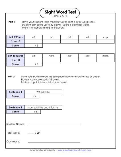 Sight Word Tests - Biweekly Reading Test (Units 9 & 10)  (Printable PDF Worksheet)