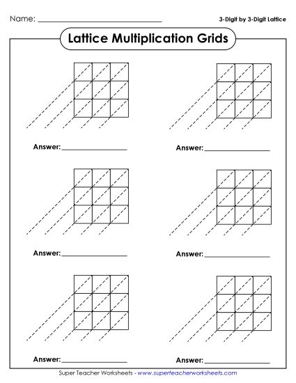Lattice Multiplication - Blank 3 by 3 Lattice Grids  (Printable PDF Worksheet)