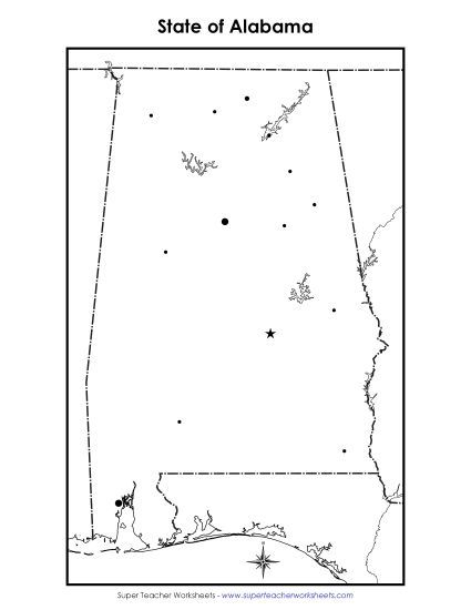 Maps - Blank Alabama Map with City Dots (Printable PDF Worksheet)