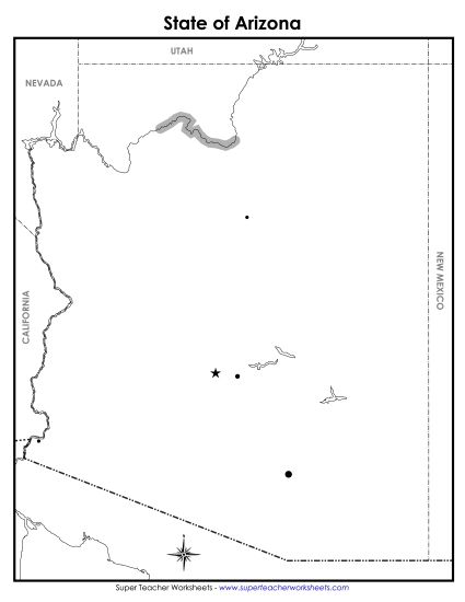 Maps - Blank Arizona Map with City Dots (Printable PDF Worksheet)