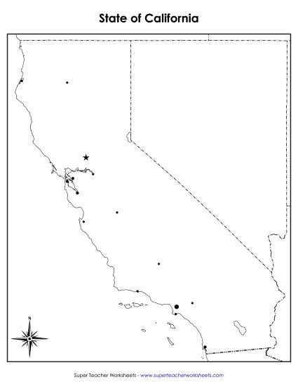 Maps - Blank California Map with City Dots (Printable PDF Worksheet)