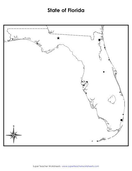 Maps - Blank Florida Map with City Dots (Printable PDF Worksheet)