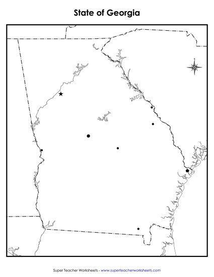 Maps - Blank Georgia Map with City Dots (Printable PDF Worksheet)