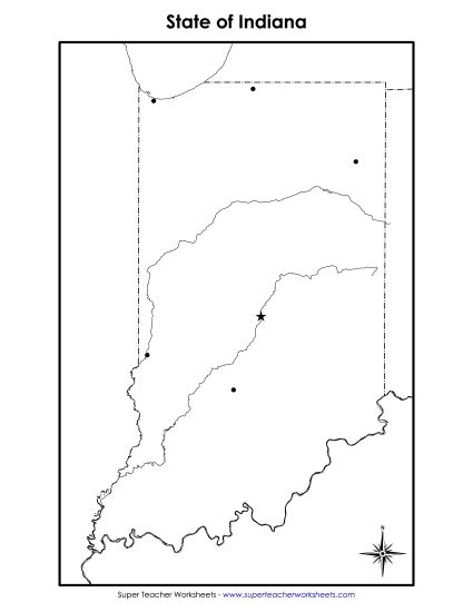 Maps - Blank Indiana Map with City Dots (Printable PDF Worksheet)
