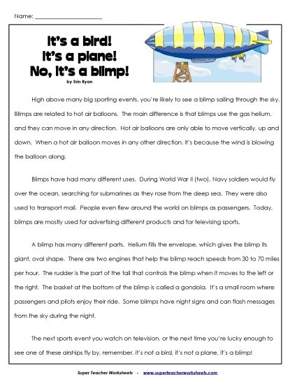 Nonfiction Articles - Blimps (Article) (Printable PDF Worksheet)