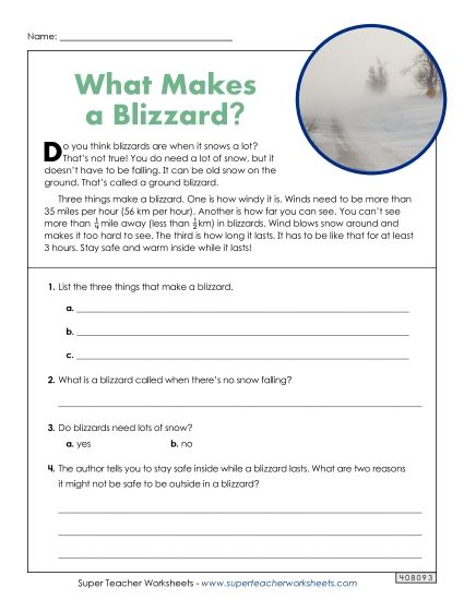 Blizzards (Short Article) (Printable PDF Worksheet)