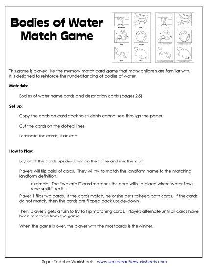 Bodies of Water Match Game (Printable PDF Worksheet)