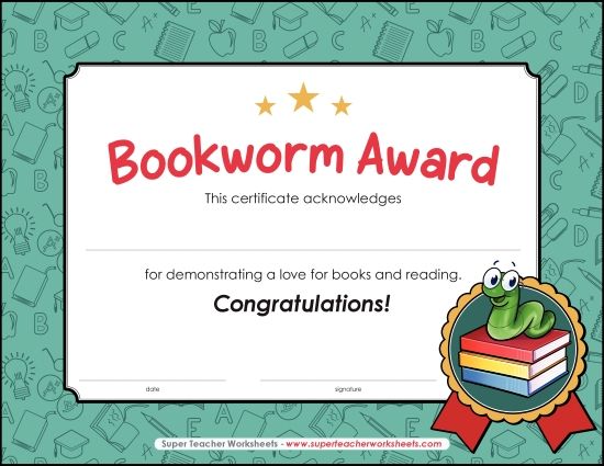 Reading & Writing Awards - Bookworm Award (Printable PDF Worksheet)