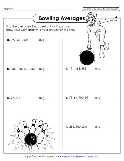 Intermediate Level (Long Division) - Bowling Averages (Printable PDF Worksheet)