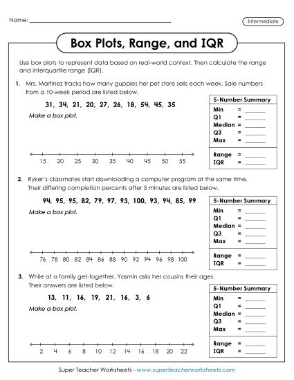 Level: Intermediate - Box Plots, Range, and IQR (Intermediate) (Printable PDF Worksheet)