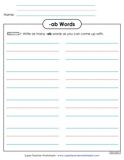 Worksheets - Brainstorm and Write (-ab Words) (Printable PDF Worksheet)