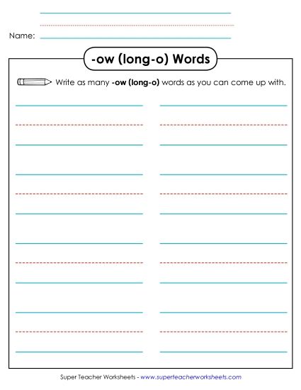 Long-O Sound (as in Grow) - Brainstorm and Write (-ow) (Printable PDF Worksheet)