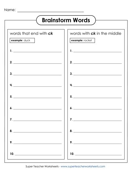 Worksheets - Brainstorm /ck/ Words (Printable PDF Worksheet)
