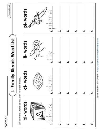 Worksheets - Brainstorm L-Family Blends (Printable PDF Worksheet)