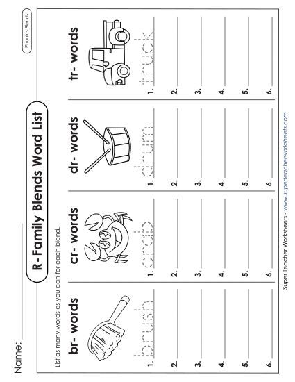 Worksheets - Brainstorm R-Family Blends (Printable PDF Worksheet)