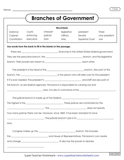 Worksheets - Branches of Government Cloze Activity (Printable PDF Worksheet)