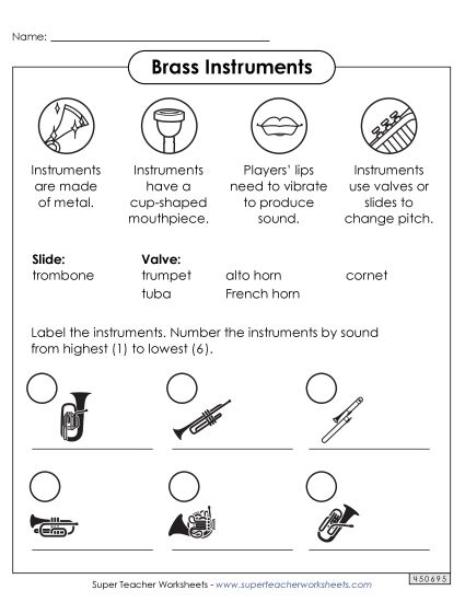 Worksheets - Brass Instruments (Printable PDF Worksheet)