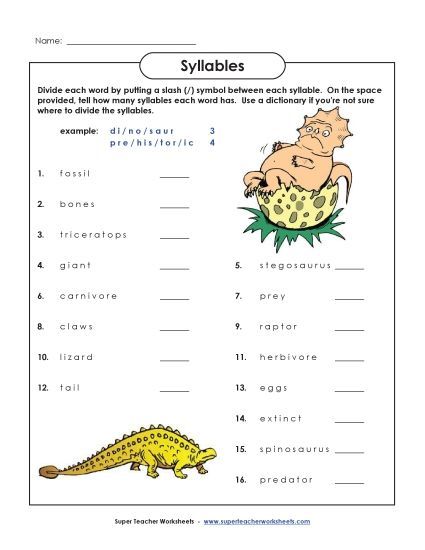 Breaking Words into Syllables  - Dinosaur Theme (Printable PDF Worksheet)