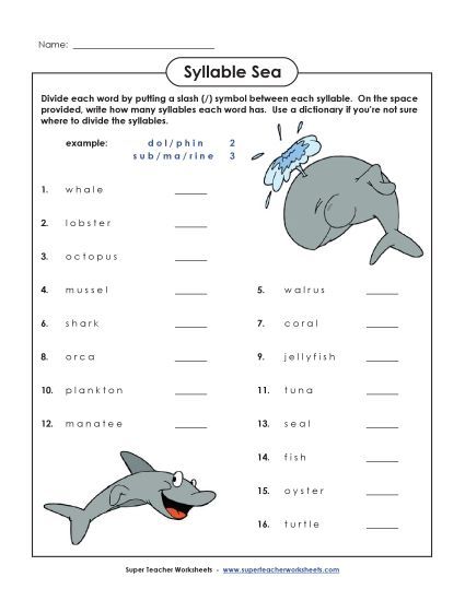 Breaking Words into Syllables  - Sea Theme (Printable PDF Worksheet)
